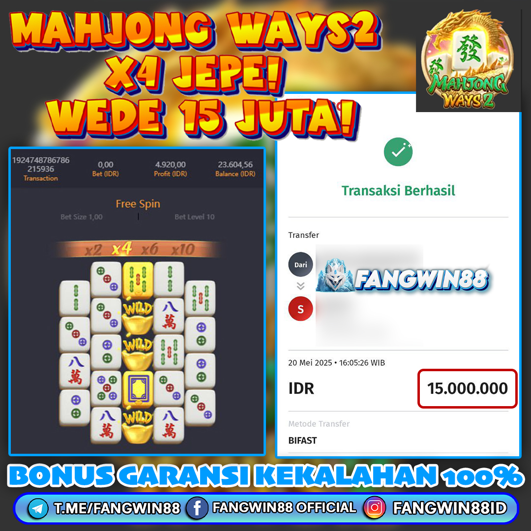 FANGWIN88 JACKPOT SLOT MAHJONG WAYS 2 RP 15.000.000 ID : PUL***