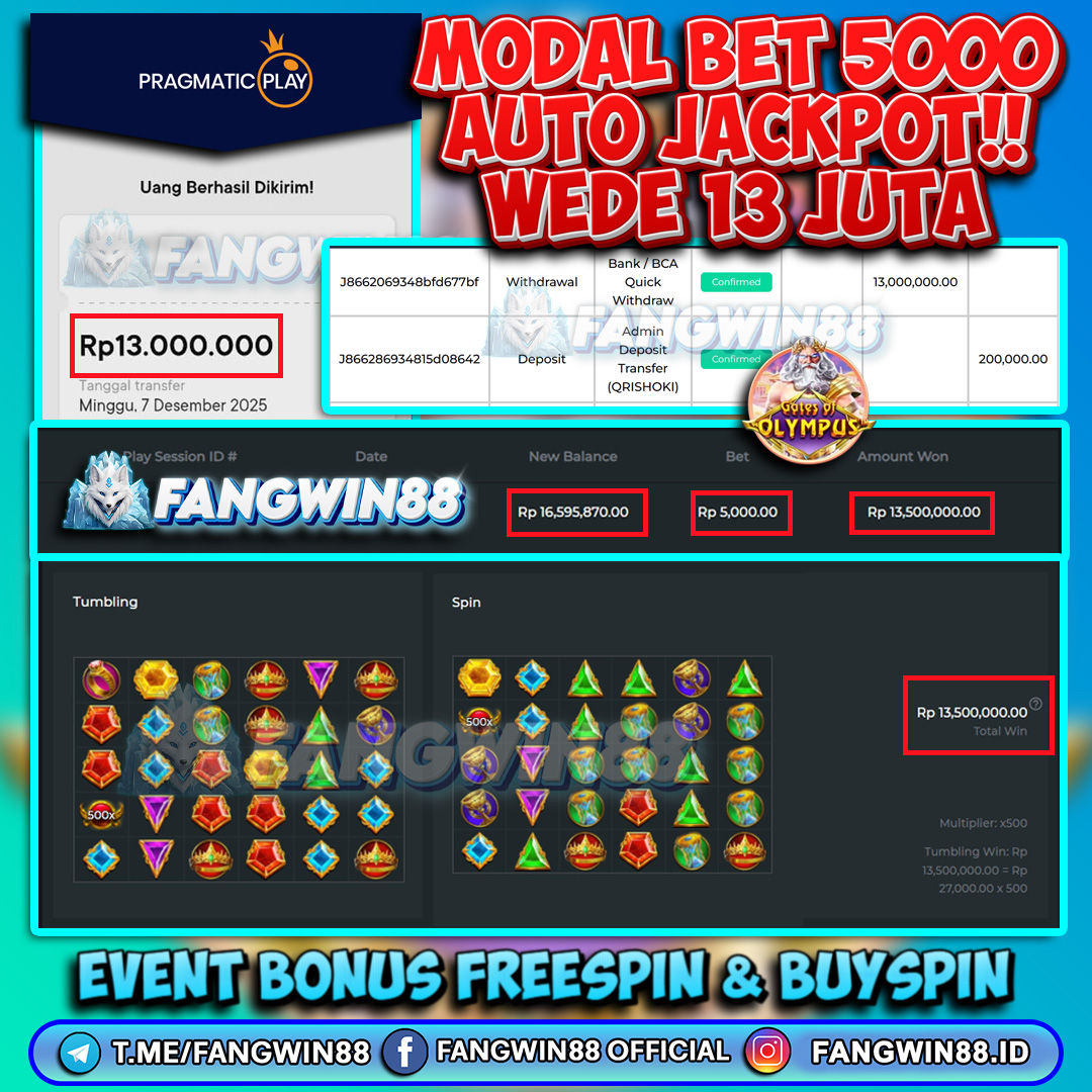 FANGWIN88 JACKPOT SLOT GATES OF OLYMPUS RP 13.000.000 ID : VERO***