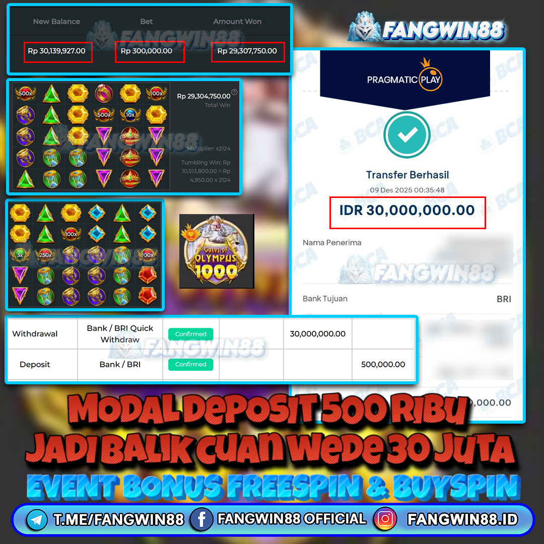 FANGWIN88 JACKPOT SLOT GATES OF OLYMPUS 1000 RP 30.000.000 ID : POL***