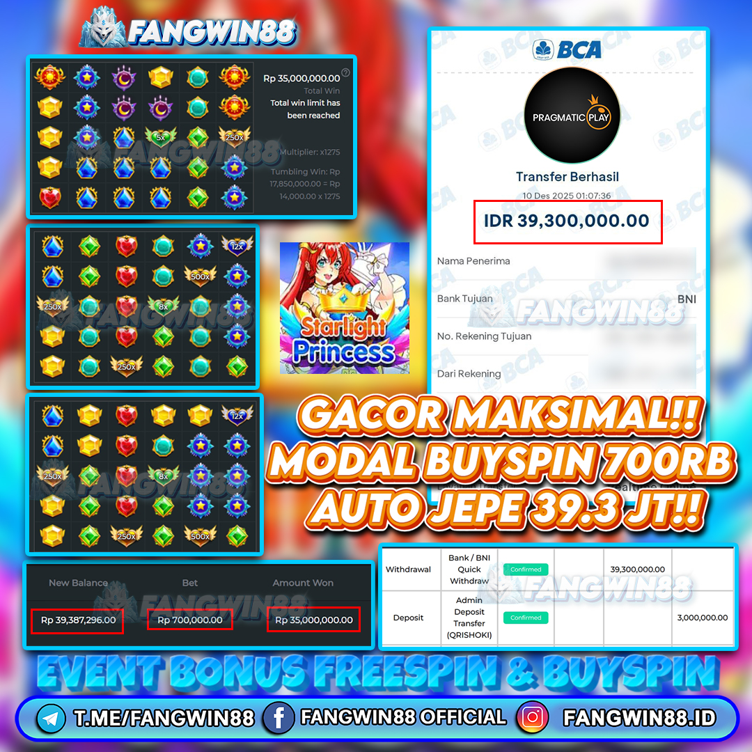 FANGWIN88 JACKPOT SLOT STARLIGHT PRINCESS RP 39.300.000 ID : YOR*** 