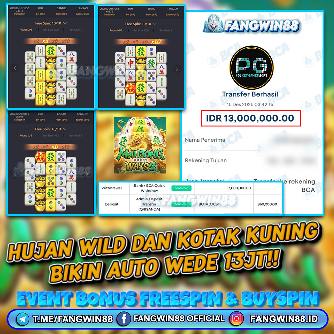 FANGWIN88 JACKPOT SLOT MAHJONG WAYS 2 RP 13.000.000 ID : DOM***