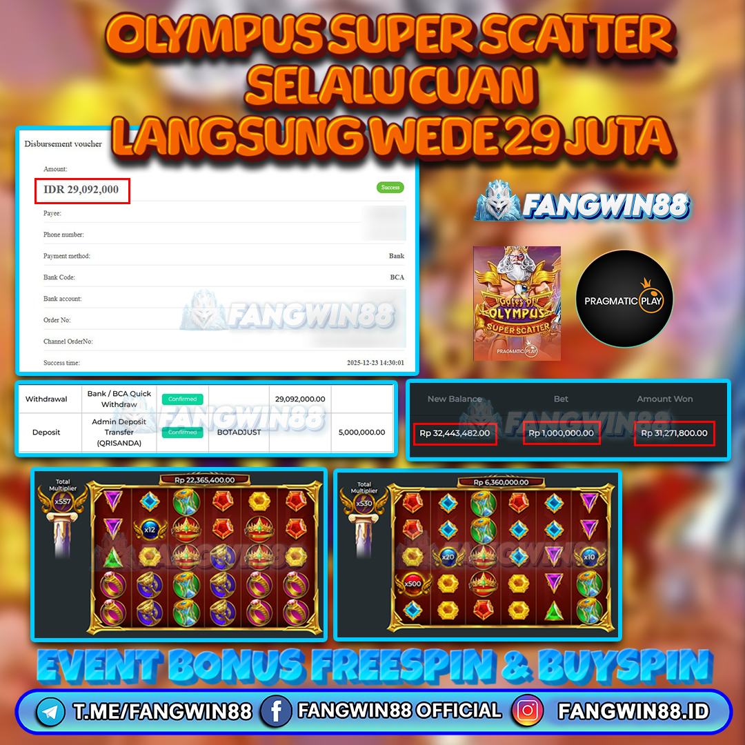 FANGWIN88 JACKPOT SLOT GATES OF OLYMPUS SUPER SCATTER RP 29.092.000 ID : REV***