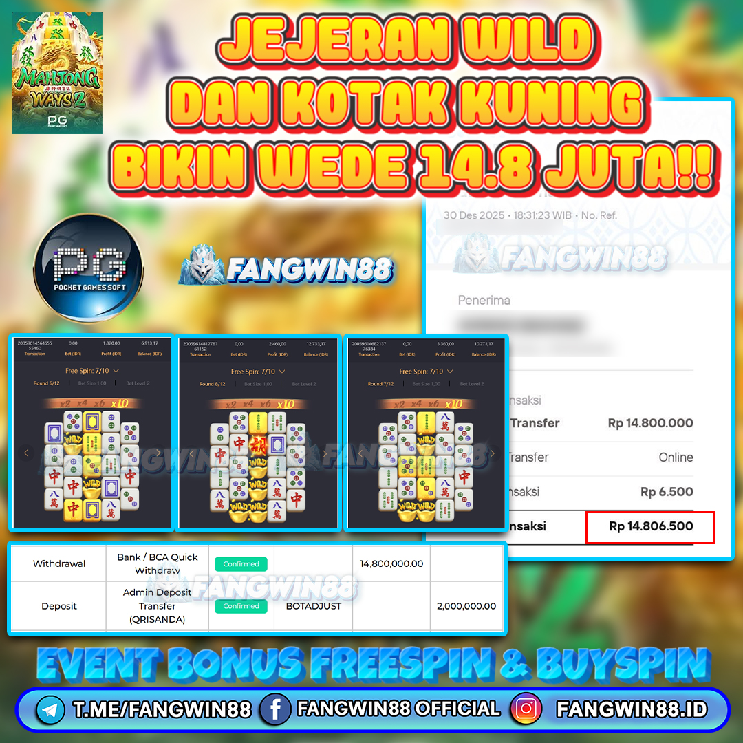 FANGWIN88 JACKPOT SLOT MAHJONG WAYS 2 RP 14.800.000 ID : ZAPS***